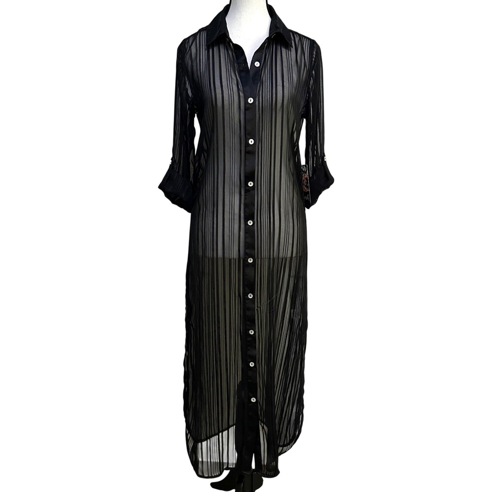 Sheer Black Maxi Shirt Dress M Striped Whimsigoth 90s Minimalism Goth Grunge